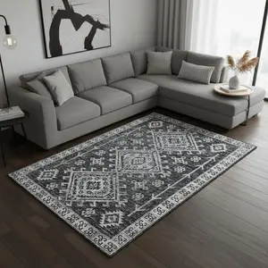 HomeRoots 643997 8 x 10 ft. Graphite & Charcoal Geometric Washable Machine Made Rectangle Area Rug with UV Protection