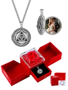 Irish Celtic Knot Photo Locket Necklace With Rose Jewelry Gift Box, Personalized Customize Locket for Women, Birthday Christmas Mother's Day Jewelry Gifts for Mom Wife Girlfriend
