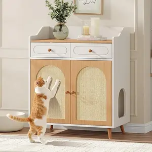 [SummerVibes] Vabches Enclosed Litter Box Furniture, Hidden Wooden Cabinet with Rattan Scratching Doors, 2-Drawer Cat House for Indoor Use, Black