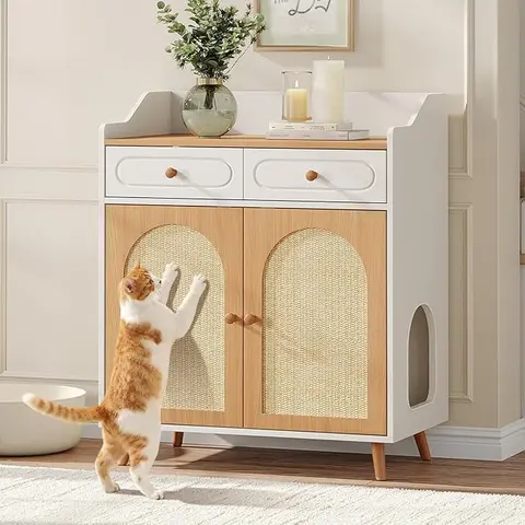Vabches Sturdy Wooden Litter Box Enclosure Furniture - Hidden Litter Box with Rattan Scratch Panels, 2-Drawer Storage Cabinet, Rounded Safe Corners, Wide Entry, Secluded Toilet, Odor Control, Details Upgraded, Easy Installation (TikTok Shop Stock Up)