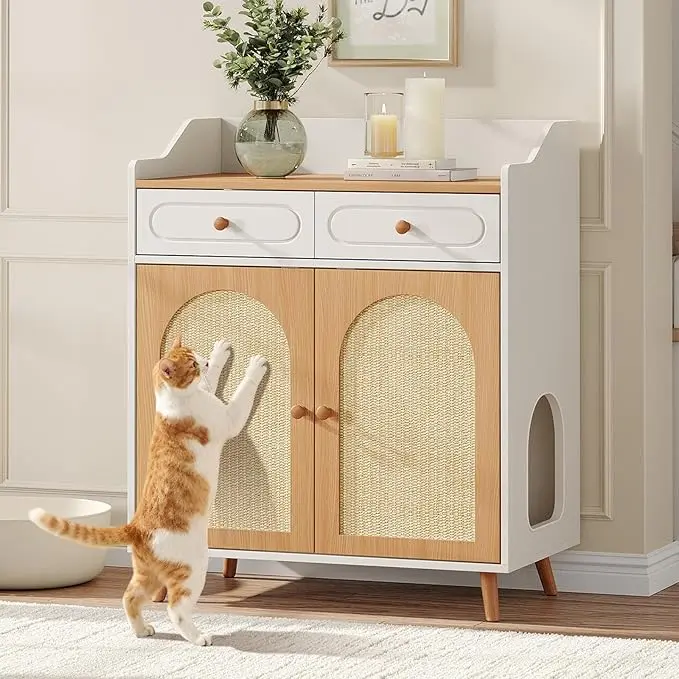 Vabches Sturdy Wooden Litter Box Enclosure Furniture - Hidden Litter Box with Rattan Scratch Panels, 2-Drawer Storage Cabinet, Rounded Safe Corners, Wide Entry, Secluded Toilet, Odor Control, Details Upgraded, Easy Installation (TikTok Shop Stock Up)