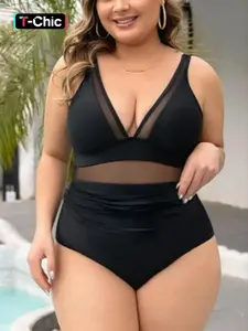 Plus Size Sexy Contrast Mesh V Neck One-piece Swimsuit, Women's Adjustable Strap Tummy Control Swimwear for Summer, Summer Outfits 2024, Ladies Plus Size Swimwear for Beach Holiday Vacation, Swimsuit Style