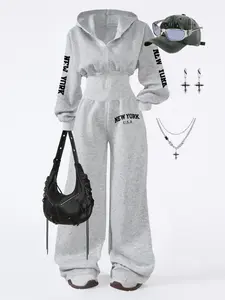 Girls' Spring & Fall Letter Print Hooded Design Long Sleeve Jumpsuit, Letter Pattern Casual Fashion One-Piece Pants for Ages 8-12, New York Fitted Style