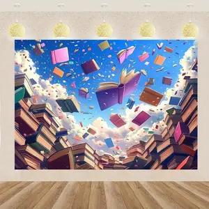 Summervibes Book-Themed 2D Flat Polyester Backdrop, 1pc Durable Party Decoration & Room Decorations, Vibrant Books-Balloons Design, Easy-Hanging Wall Banner for Home, Studio Photo Booths