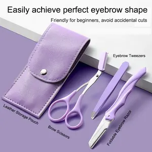 Beginner-Friendly Sensitive Lavender Cosmetic Eyebrow Grooming Kit - 3-Piece Makeup Tools Set with Foldable Razor, Tweezers, Scissors, Portable Case, Smooth Precision Shaping, Hair Removal for Home, Travel