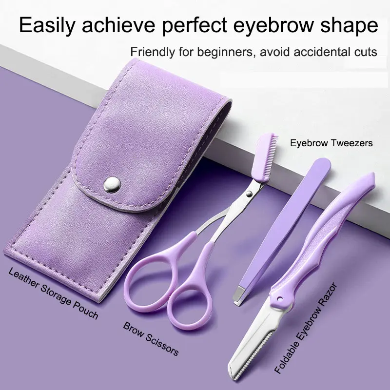 Beginner-Friendly Sensitive Lavender Cosmetic Eyebrow Grooming Kit - 3-Piece Makeup Tools Set with Foldable Razor, Tweezers, Scissors, Portable Case, Smooth Precision Shaping, Hair Removal for Home, Travel