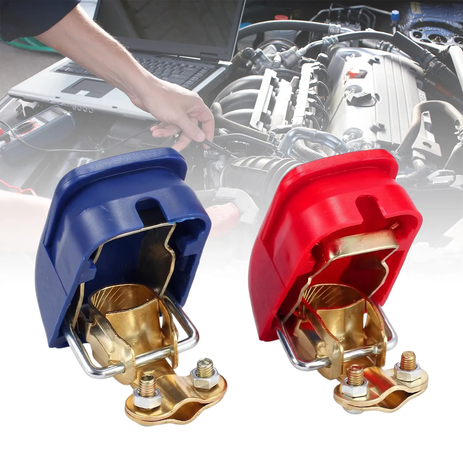 Universal Quick Release Brass Battery Terminal Clamps, Quick Disconnect Battery Terminals with Red and Blue Cover for Top Post Battery, Positive & Negative for Car, Van, Caravan & Motorhome