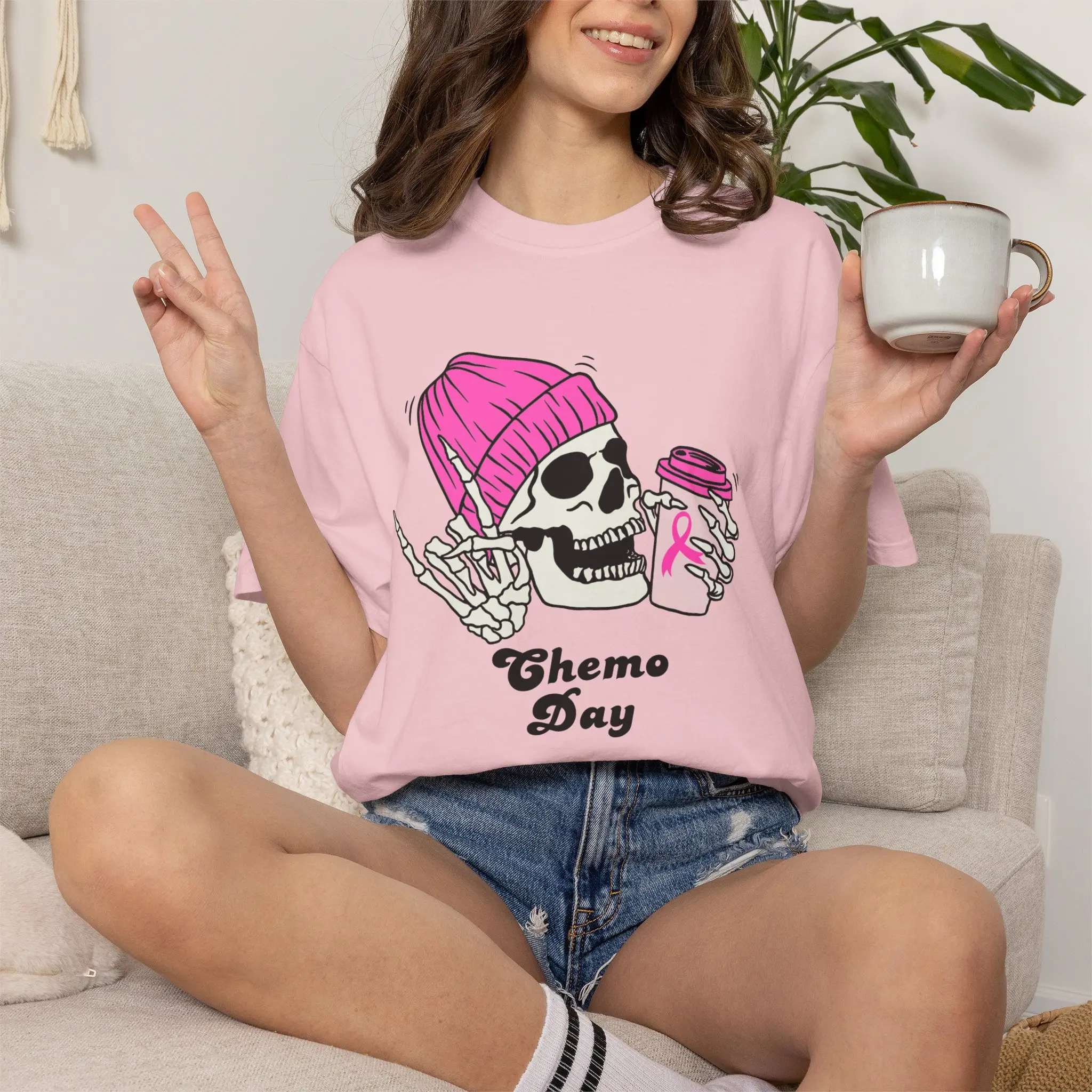 Skull with Pink Beanie and Coffee Chemo Day T-shirt | Cancer Treatment Support | Chemo Day | Chemo Humor