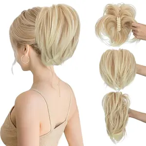 Claw Clip Short Ponytail Extension Messy Bun Hair Piece With 4 Bendable Metals DIY Synthetic Fake Hair Bun For Women 8 Inch- # 24T613 Neutral Blonde to Bleach Blonde