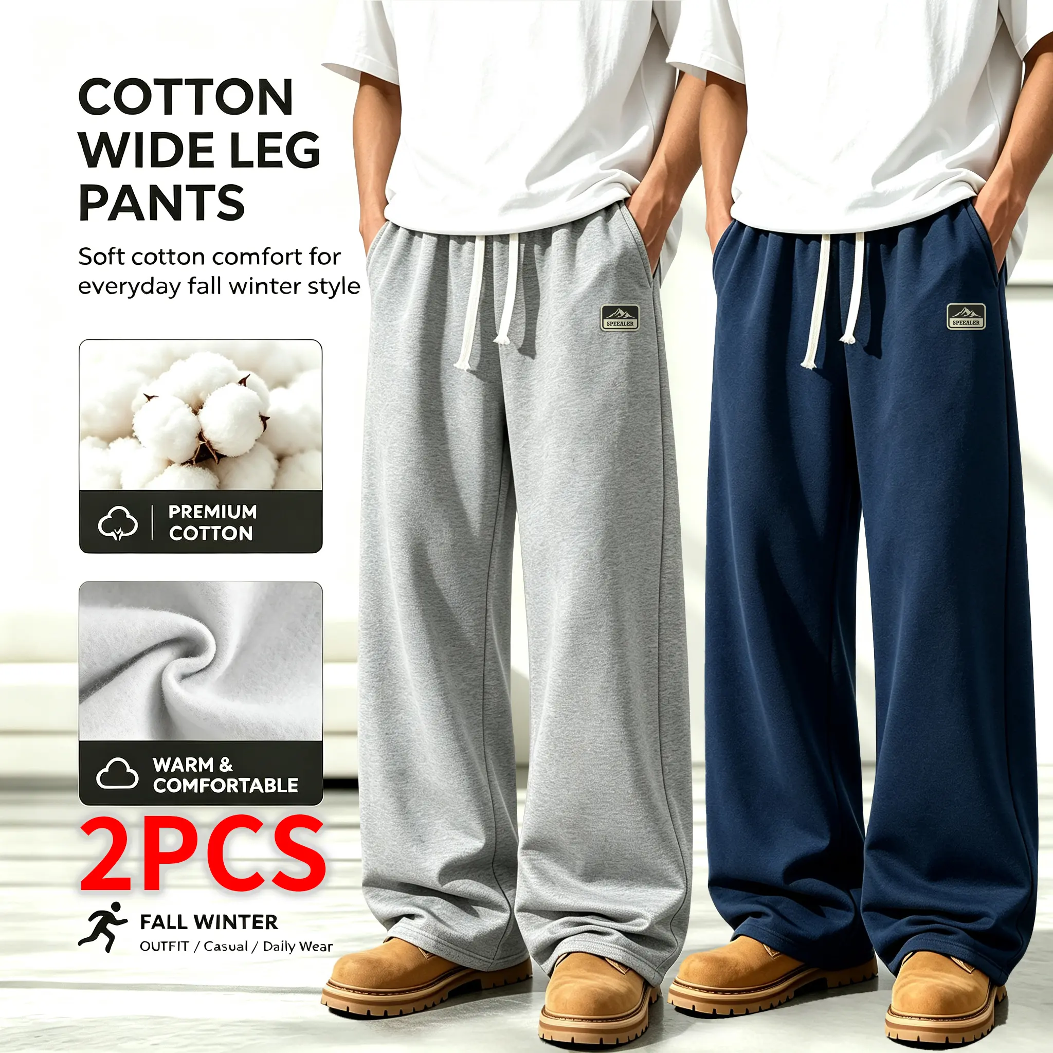 2-Pack Men's Premium Cotton Wide Leg Sweatpants, Soft Thick Fleece Lined Warm Baggy Joggers, Elastic Drawstring Loose Streetwear Trousers for Young Men Teen Boys, Fall Winter Lounge Gym Workout Walking Daily Casual Outdoor Wear