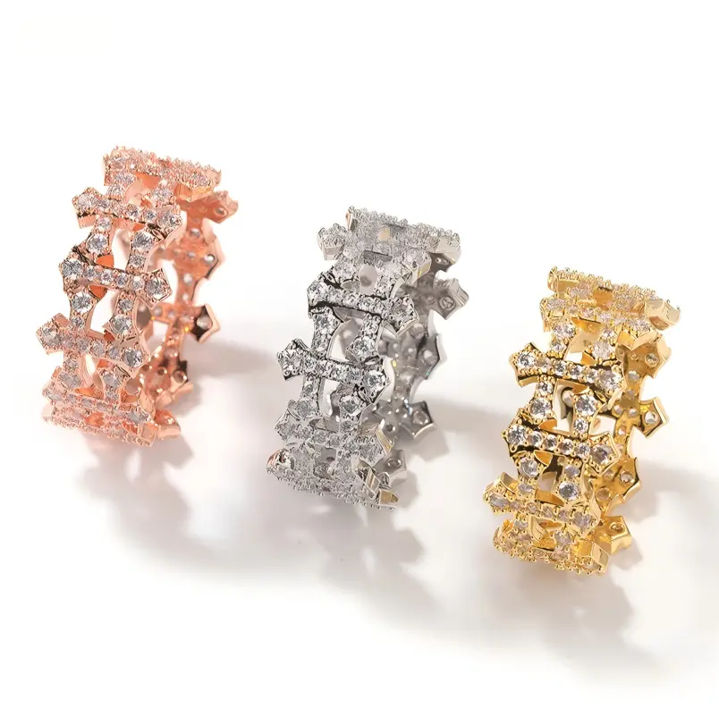 QUEENDO Iced-Out Cross Band Ring, Hollow Multi-Cross Fully Stone-Encrusted Design, 3 Classic Tones, Hip-Hop Street-Style Adjustable Finger Accessory, Daily & Party Costume Jewelry Gift