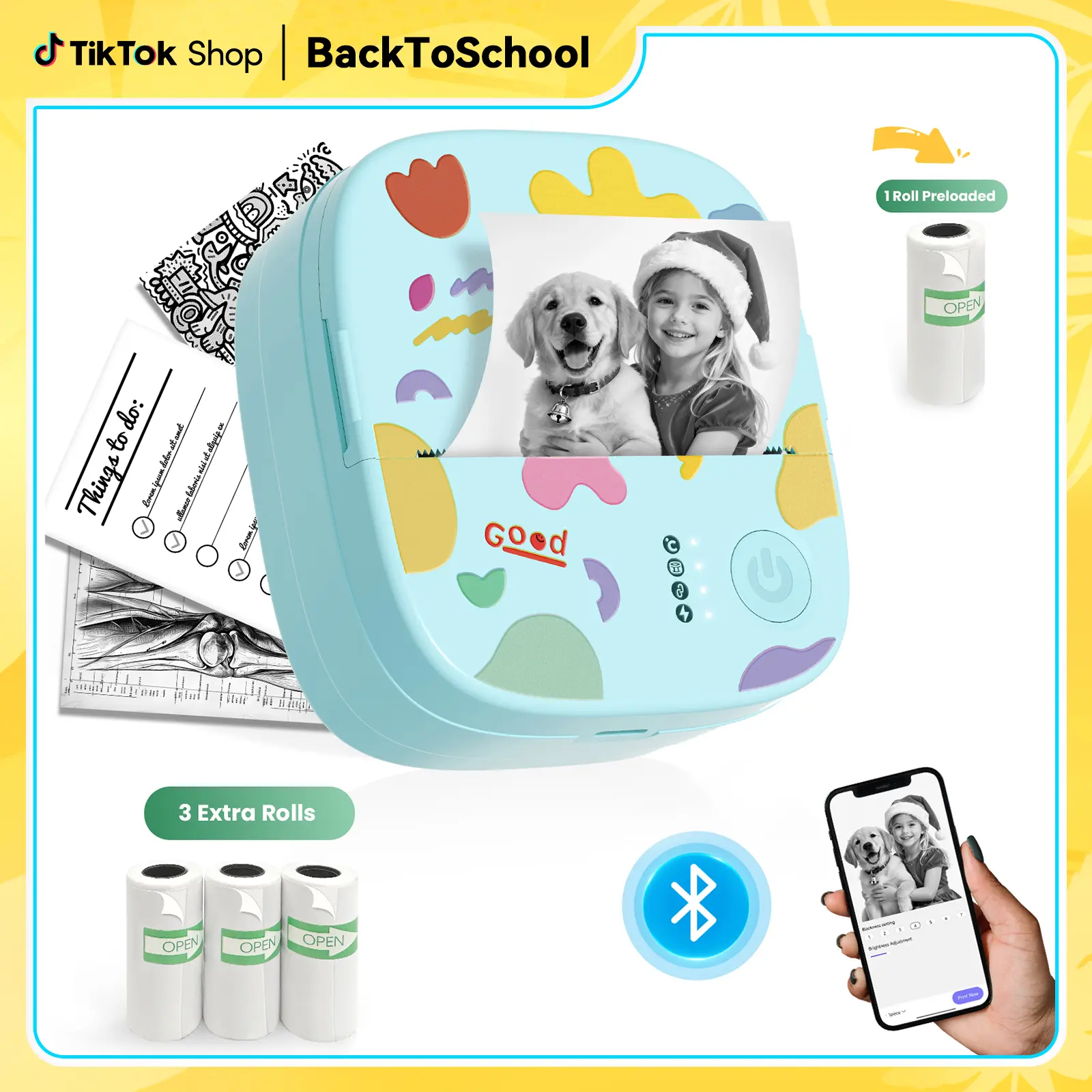 XenGro Mini Printer Bluetooth included 3 Roll label Thermal Pocket Printer,Inkless Small printer B&W Printing Only for Photos, Study Notes, Lists,Memos, Journals Printing Machine Sticky Label, Birthday Gifts for Kids Green tiktokshopbacktoschool