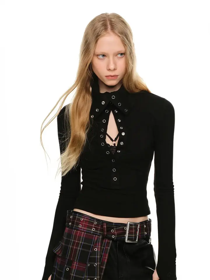 Women's Grommet Turtleneck Top Long Sleeve Convertible Collar – Keyhole Cutout Fitted Crop, Black