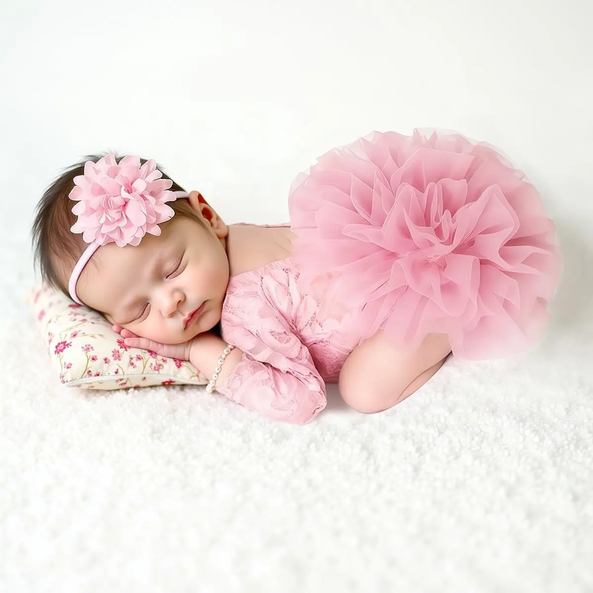 Newborn Girl Photoshoot Outfits Cute Lace Elastic Romper with Headband - Elegant Gorgeous Photography Outfit - Light Pink, Clothing, Gift