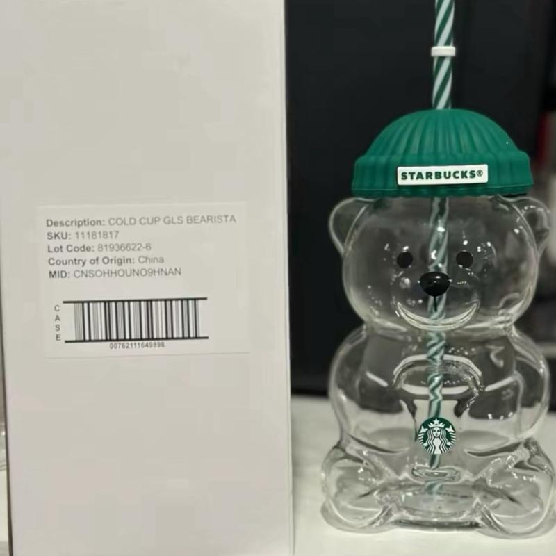 Starbucks Holidsy Bearista Glass Bear Tumbler - LIMITED EDITION with Green Lid and Striped Straw