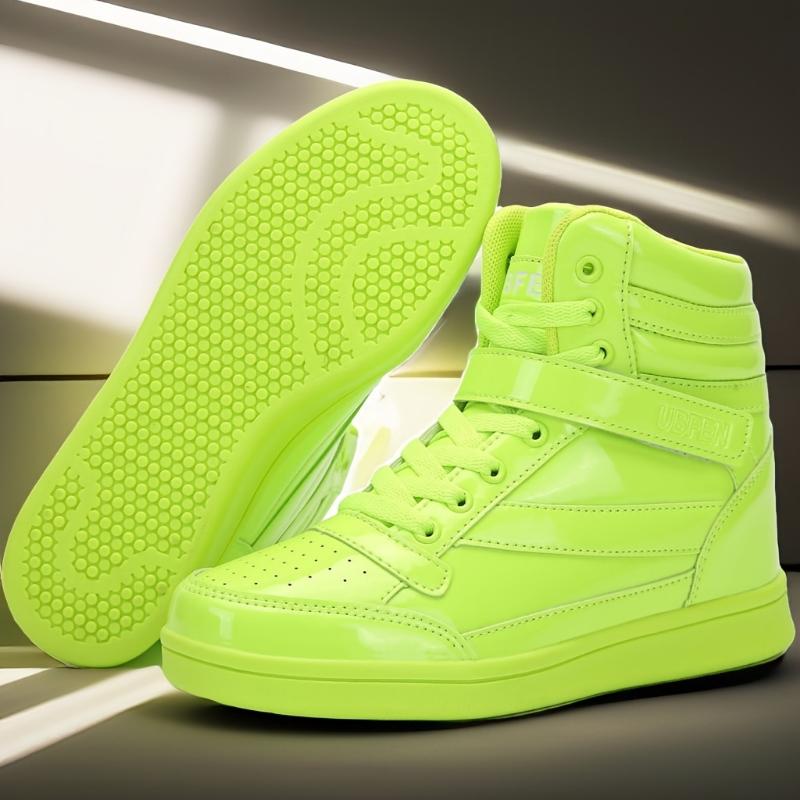 Women's Vibrant Neon Green High-Top Sneakers - Retro 80s Style, Faux Cover, Removable Insole, Hook & Loop Closure, Casual Tennis Shoes for All Seasons, Casual Footwear | Trendy Footwear | Laceup Closure
