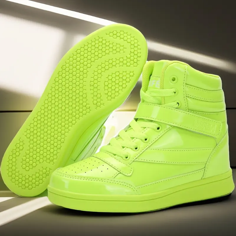 Women's Vibrant Neon Green High-Top Sneakers - Retro 80s Style, Faux Cover, Removable Insole, Hook & Loop Closure, Casual Tennis Shoes for All Seasons, Casual Footwear | Trendy Footwear | Laceup Closure