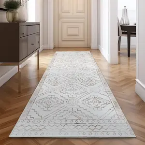 Hallway Runner Rug 3x10 - Moroccan Kitchen Machine Washable Runner Rug Modern Geometric Soft Faux Wool Ultra-Thin Low-Pile Non-Slip Carpet for Laundry Room Bedroom Farmhouse (3x10ft, Taupe)