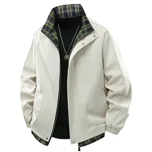 Men's Spring & Autumn Beige Jacket - Plaid Lining with Collar & Hem, Front Zipper for Daily Commuting Outdoor Casual Coat