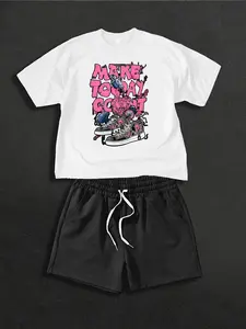 Trendy Halloween Skeleton Print Short Sleeve Outfit with Matching Shorts
