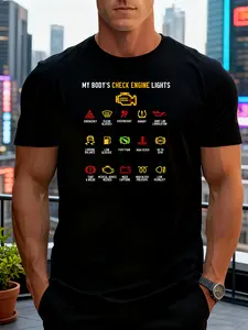 Men'S Funny Car Meme T-Shirt| Body Malfunction Light & Examination Engine Print - Humorous Auto Fault Indicator Design, Casual Round Neck, Short Sleeve, Summer Top for Mechanics, Drivers, Car Enthusiasts