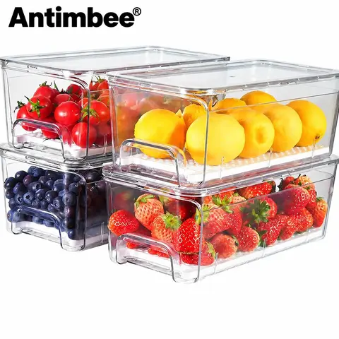 Antimbee 4-Pack Refrigerator Drawer Organizer Bins, Clear Stackable Pull Out Fridge Organizer and Storage Container, with Strainer Layer for Fruits, Vegetables, Drinks, Snack and Food