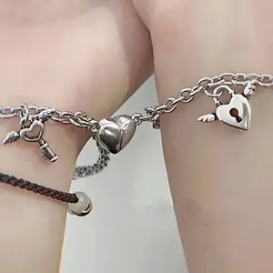 Heart Magnet Bracelet for Lovers Stainless Steel Angel Wing Lock Couple Bracelet Heart Charm Friendship Jewelry Gifts