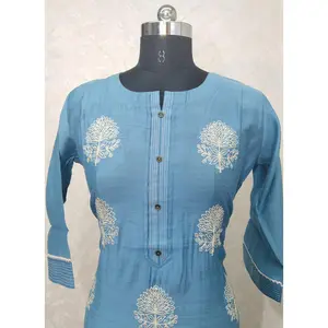 Casual Wear Firozi Embroidery Work Chanderi Kurti