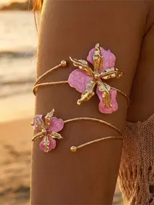 Tropical Island Vacation Style Sweet Romantic Luxury Fashion Metal Flower Open Arm Bracelet, Flower Design Bracelet, Elegant Jewelry for Women, Perfect Gift Idea
