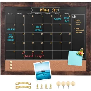 Chalkboard Calendar and Bulletin Combo Board. 13" x 17" Brown Wooden Frame, Chalkboard. for Office,  School Message Board,HBZHB-BN3442-