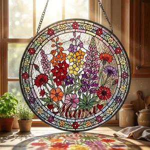 Personalized Mama Garden Suncatcher – Birth Flower Stained Glass Window Hanging – Mother’s Day Gift