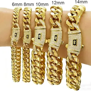 14K Gold Plated Stainless Steel Cuban Link Bracelet, Waterproof & Fade-Resistant, 6mm-14mm Widths, Zircon-Encrusted Clasp, Unisex for Daily, Business & Casual Wear, Perfect Gift for Birthdays & Anniversaries