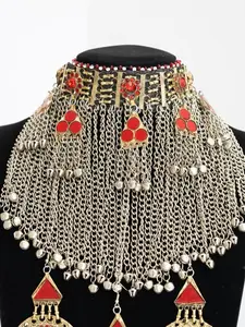 Red Afghani Tribal Jewelry Set | Handmade Kuchi Choker & Earrings | Boho Ethnic Statement Jewelry
