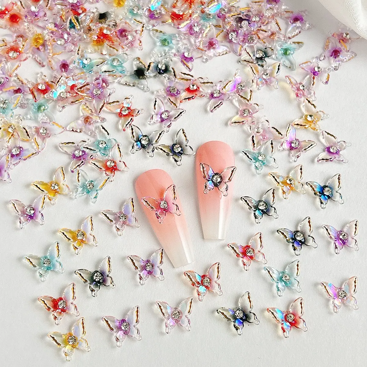 120PCS 3D Transparent Glossy Butterfly Rhinestones Inlaid Nail Art Charms Gradient Colored Resin Butterfly Nail Decorations DIY Earphone Case Bracelet Nails Accessories