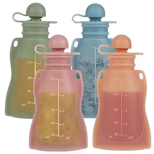 Reusable Baby Food Pouches with Straw 4 Pack Refillable Silicone Squeeze Pouches for Toddlers & Kids BPA-Free Leakproof Baby Food Storage Containers for Homemade Purees & Snacks