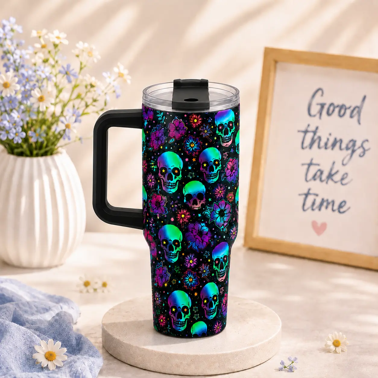 40oz Neon Skull Insulated Stainless Steel Flask - Reusable Aesthetic Goth Travel Mug with Handle, Straw, Lid, Colorful Floral Design, Halloween Kitchenware Drinkware Gift