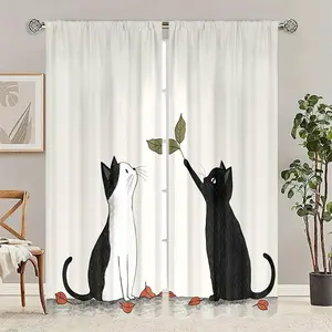 2pcs high-definition digital printed cartoon cat decorative curtains, made of polyester material. Translucent privacy protection, fade resistant, hand washable, machine washable, pole bag hanging, suitable for bedroom and living room decoration, home deco