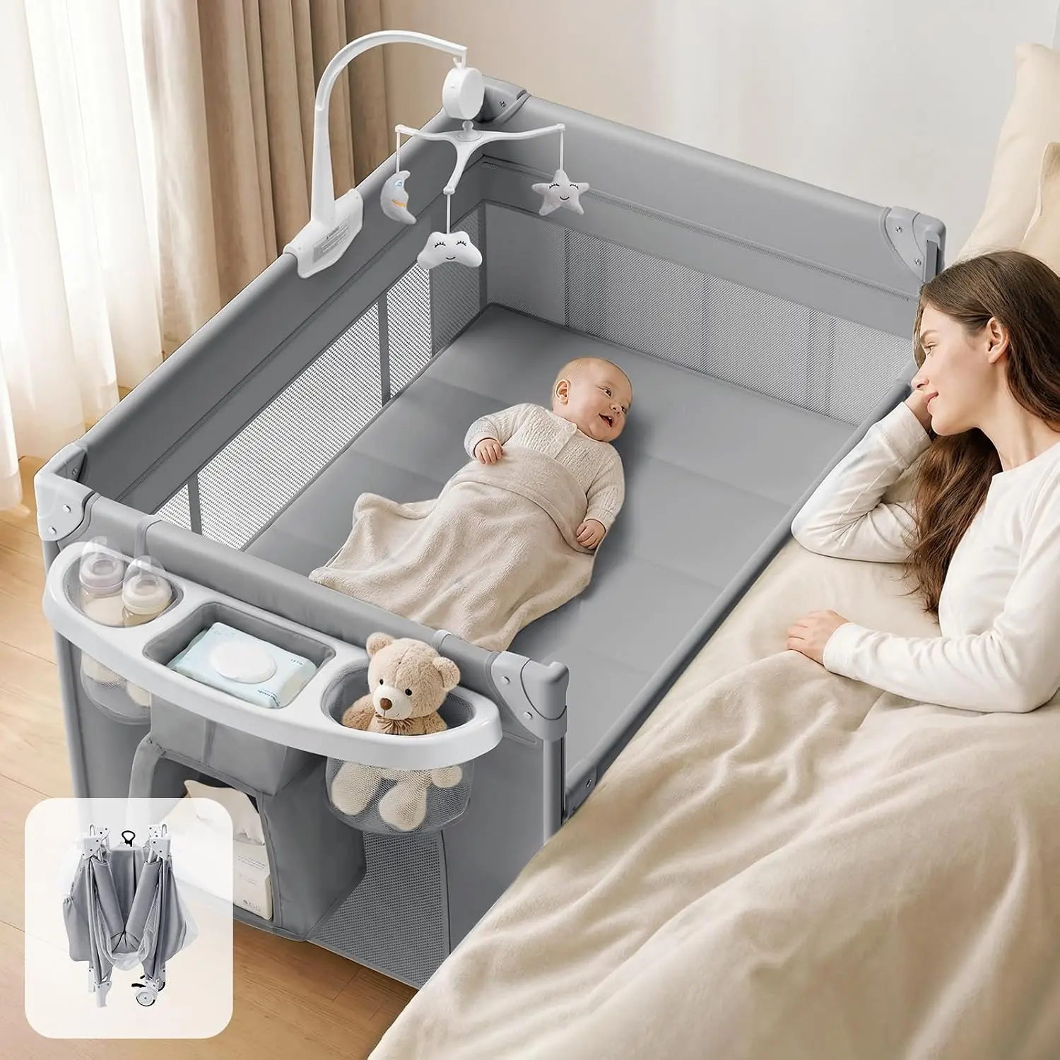 4 in 1 Foldable Multifunctional Baby Bassinet, Portable Bedside Crib Sleeper, Quickly Assembled Crib with Diaper Changer, Foldable Baby Playard with Mattress and Wheels for Newborn to Toddler,summer sale