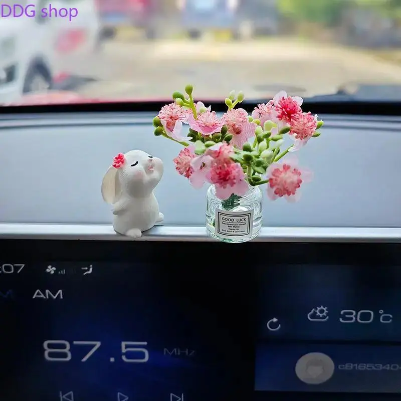 2pcs Cute Bunny & Flower Vase Car Ornament Set, Adorable Rabbit Dashboard Decoration, Mini Floral Home Accent, Versatile for Vehicle or Room, Sweet Gift for Animal Lovers & Women