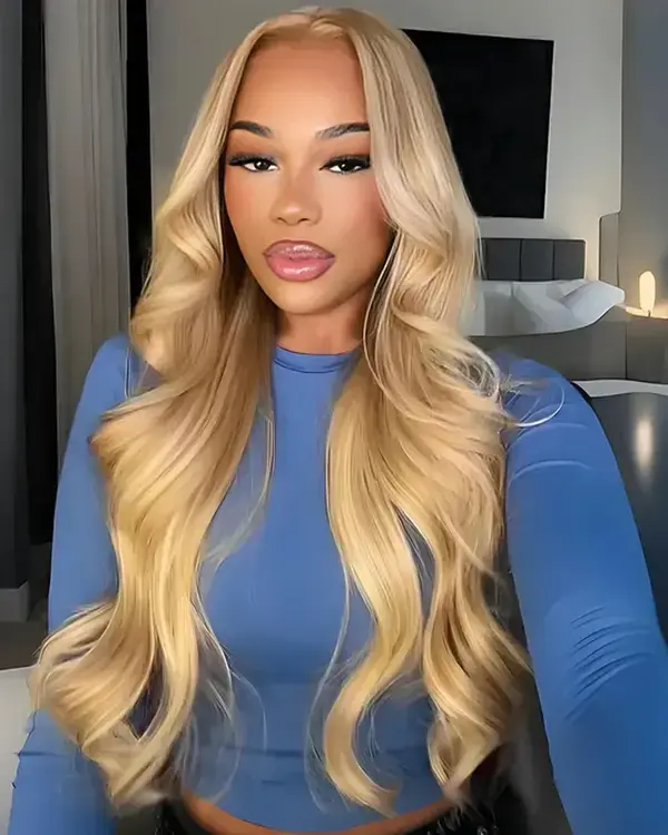 Megalook 13x6 Three-Go Blonde Khaki Highlight Glueless Loose Body Wave With Drawstring 100% Human Hair Wig