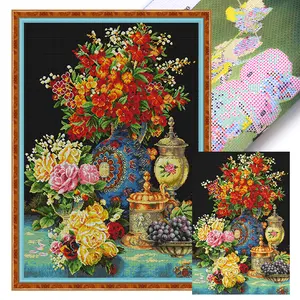 Full Embroidery Egyptian Cotton 14CT Print Flowers Cross Stitch Kit 55x75cm