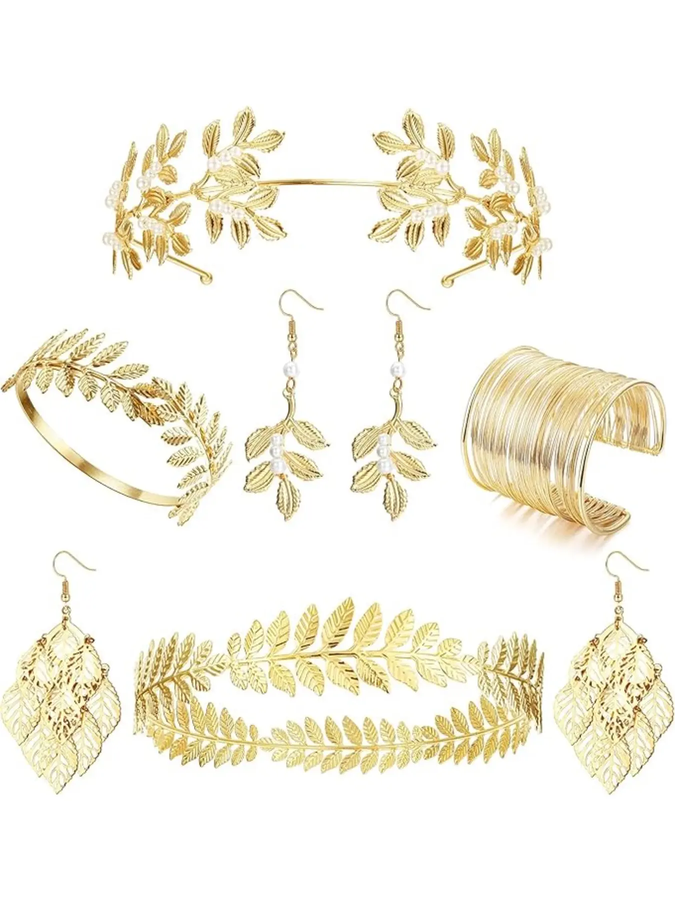 6-Piece Greek Goddess Accessory Set Golden Bay Leaf Crown Headband Upper Arm Cuff Coil Bracelet Pearl Leaf Earring Bridal Wedding Headpiece Costume Jewellery Bridal Jewelry, Bridal Jewelry Set For Wedding, gold gemstone, Pearl