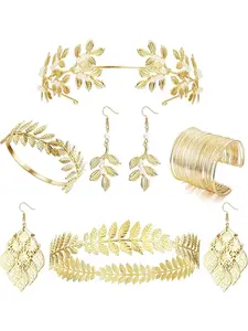 6-Piece Greek Goddess Accessory Set Golden Bay Leaf Crown Headband Upper Arm Cuff Coil Bracelet Pearl Leaf Earring Bridal Wedding Headpiece Costume Jewellery Bridal Jewelry, gold gemstone, Pearl