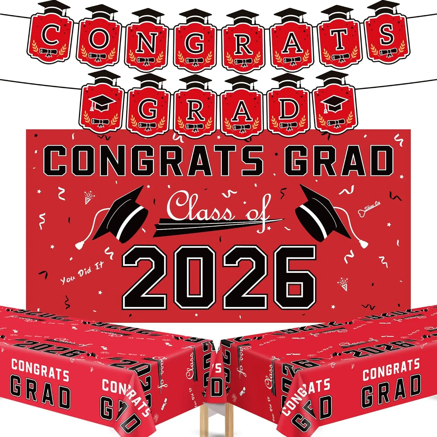 Graduation Decorations 2026 2027 - Red Congrats Grad Banner Backdrop Tablecloth Set - Graduation Decorations Class of 2026 | Graduation Party Favors Supplies