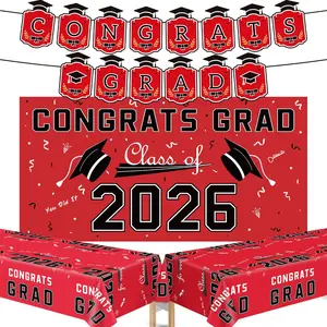 Graduation Decorations 2026 2027 - Red Congrats Grad Banner Backdrop Tablecloth Set - Graduation Decorations Class of 2026 | Graduation Party Favors Supplies