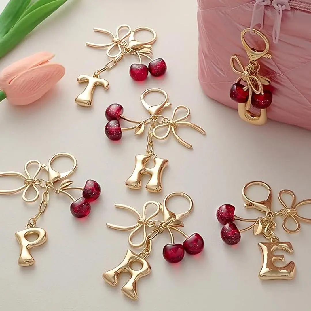 Bow Cherry Initial Keychain, A-Z 3D Bubble Letter Charm Key Ring For Handbag Backpack, Cute Gold Bead Pendant Gift For Girls Women