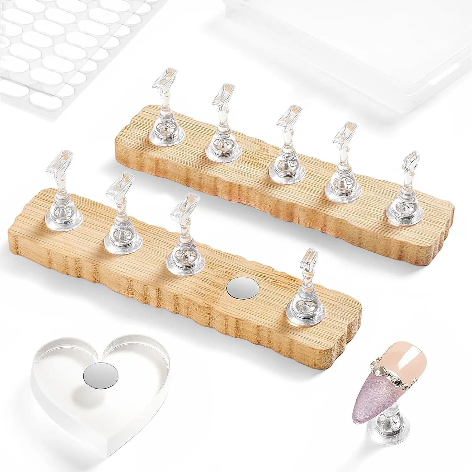 Stand for Press On Nails Art Display Practice 2 Sets, 1 Heart Acrylic Magnetic Nail Stands, Fake Nail Holder Tips With 200 PCS Double-Sided Tape, Nail Kit Home DIY Supplies Accessories