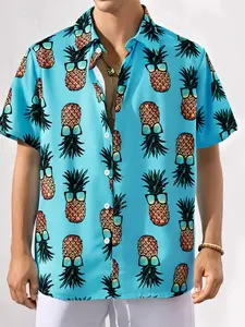 Men's Pineapple Print Short Sleeve Shirt, Hawaiian Style, Tropical, Breathable Loose Fit, Summer Beach Party Top, Casual Shirt for Men