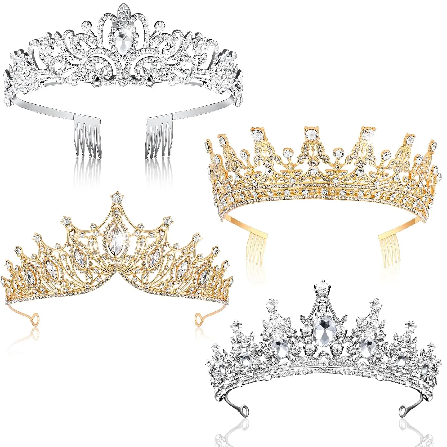 4Pcs Birthday Tiara Crown for Women Girls,Crystal Princess Tiara for Women, Bridal Crowns for Wedding Party, Hair Accessories Headband with Combs (Gold/Silver) - Home Improvement., Tiaras For Women, Tiara Birthday