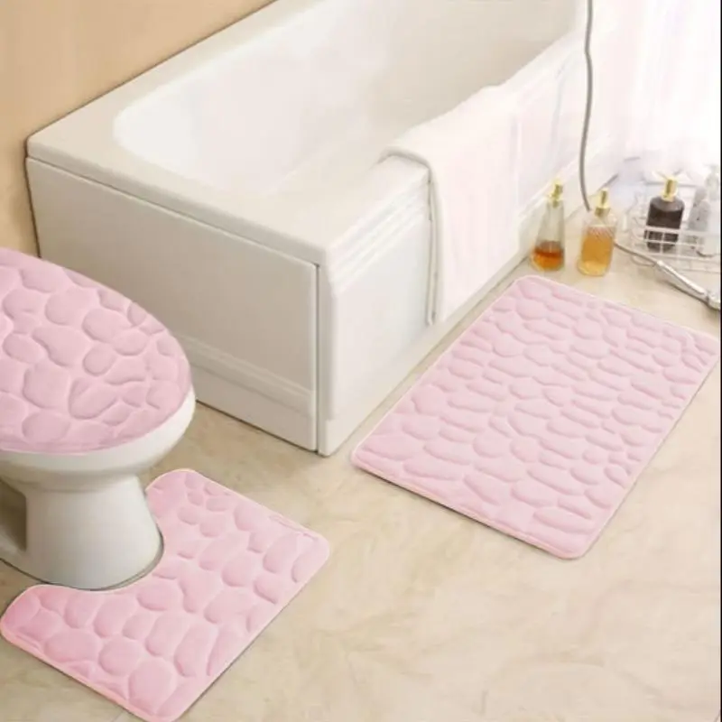 Cobblestone Pattern Bathroom Mat Set, 3pcs Solid Color Non-slip Soft Bathroom Mat Set, Bathroom Mat, U-shaped Toilet Rug, Toilet Lid Cover, Water Abso